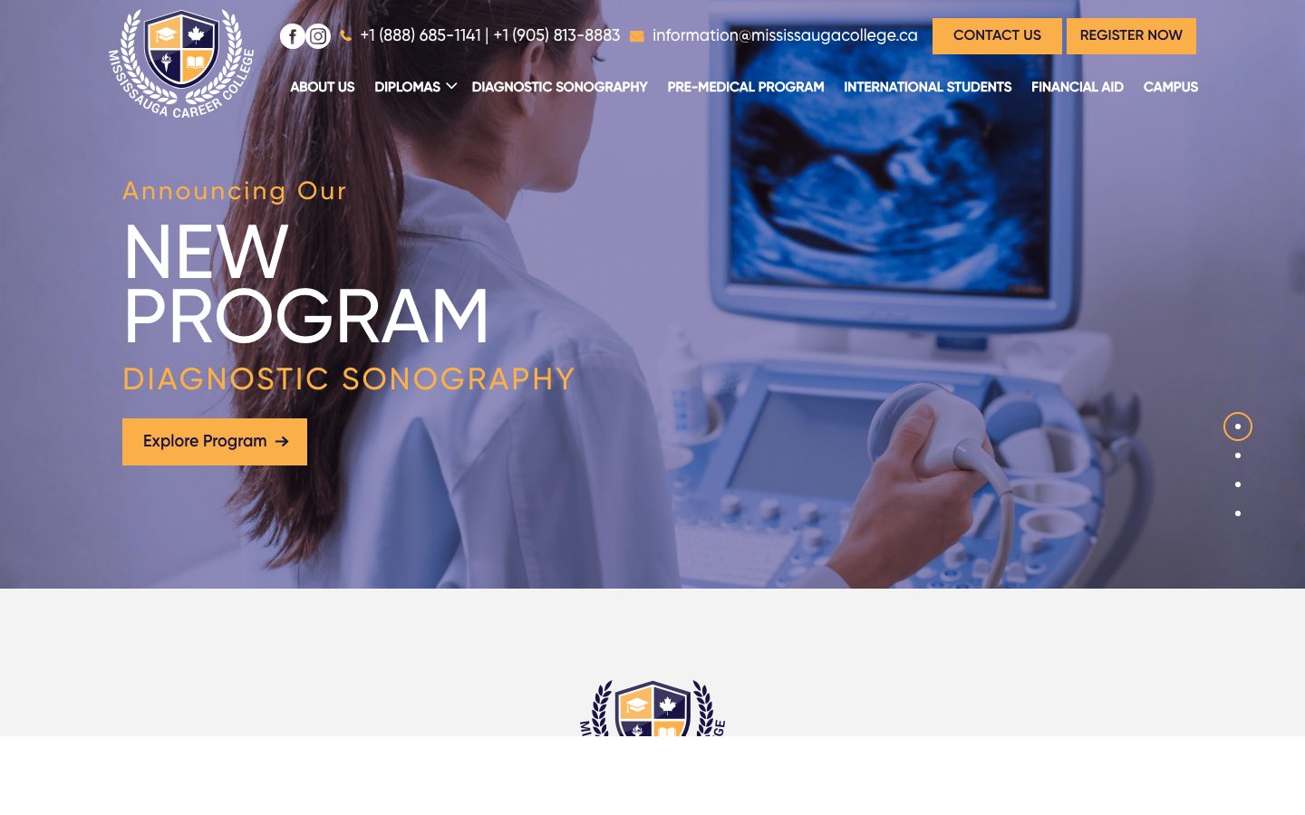 Mississauga Career College homepage announcing its new Diagnostic Sonography program