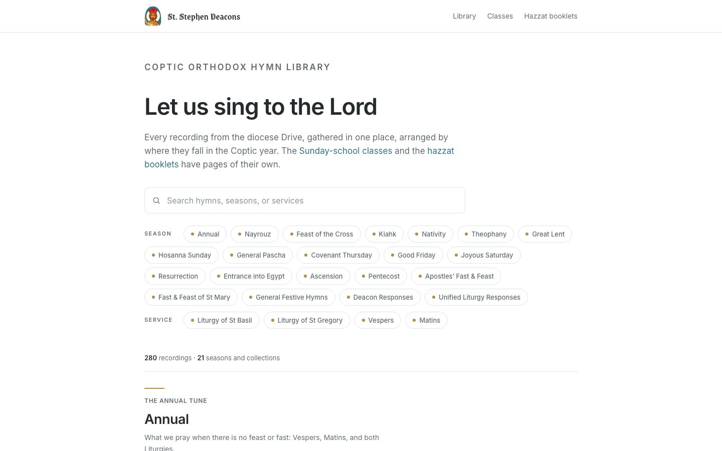 St. Stephen Deacons hymn library, with search and filters by season and service